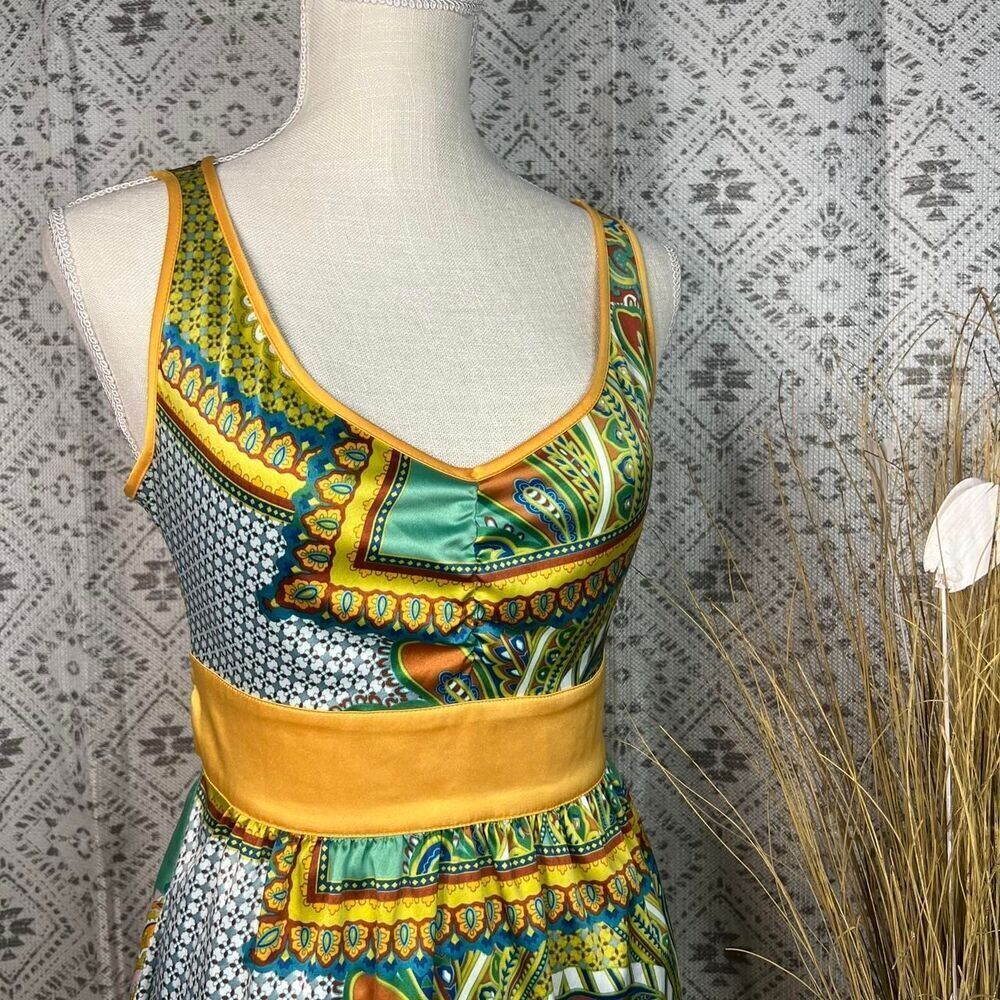 Forever 21 Boho Paisley Print Satin Dress Yellow and Green Small - Picture 3 of 5